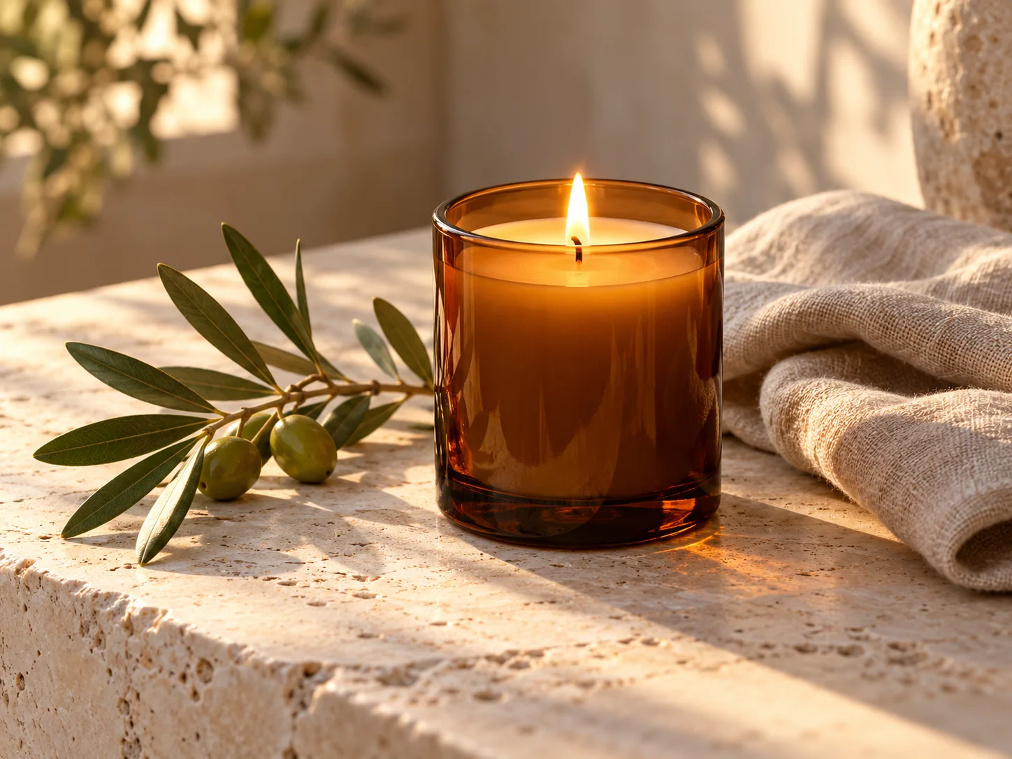 Lit candle in amber glass styled with an olive branch